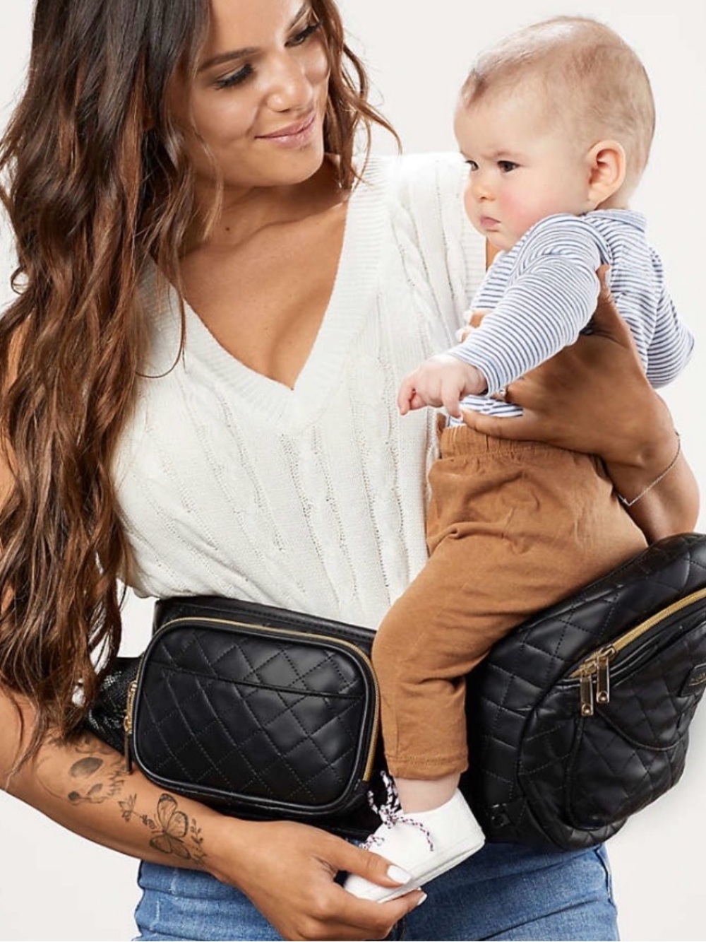 Tushbaby Vegan Black Leather Quilted Baby Seat Hip Carrier Fanny Bag Gold Accent